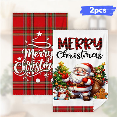  Essuie-tout de Noël en microfibre, linges à vaisselle réutilisables absorbants, décoratifs résistants à la décoloration, 16 po x 24 po, art du père Noël à carreaux rouges