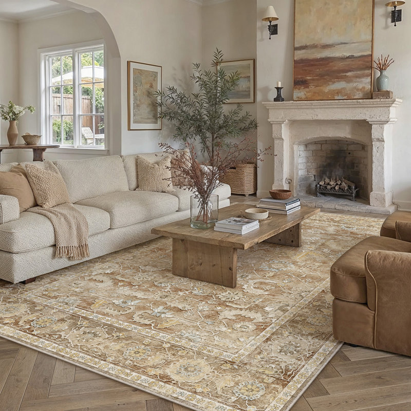 Vintage Distressed Oriental Washable Area Rug With Non-Slip Backing, Rectangle 9' x 12', Light Brown