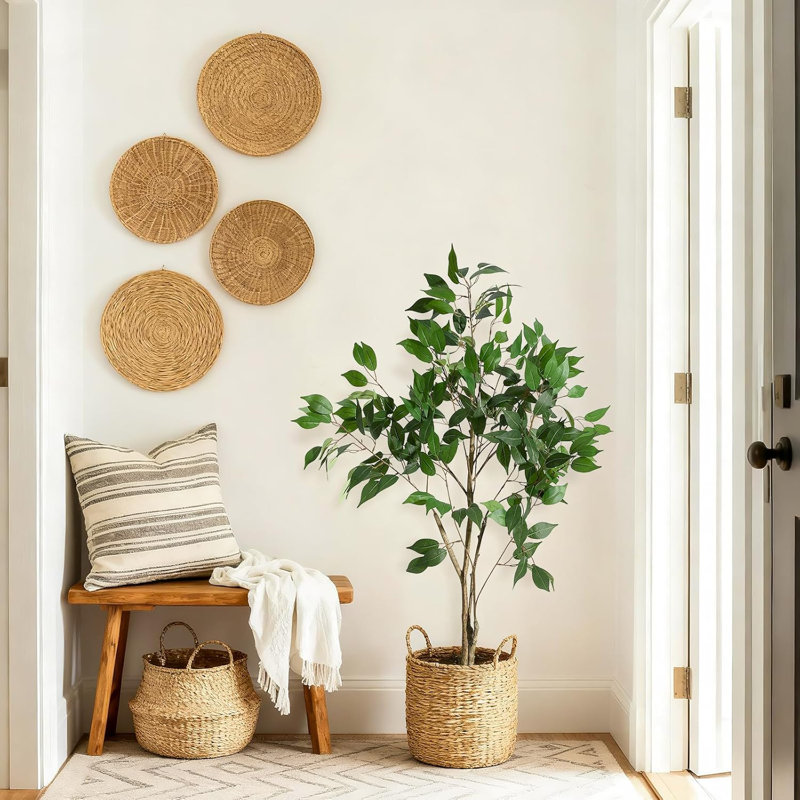 Ficus artificiels d'intérieur, 4 pi de haut ficus artificiel avec jardinière noire et fausse mousse verte, plantes artificielles avec tronc de bois naturel et fruits réalistes pour la décoration de bureau personnel