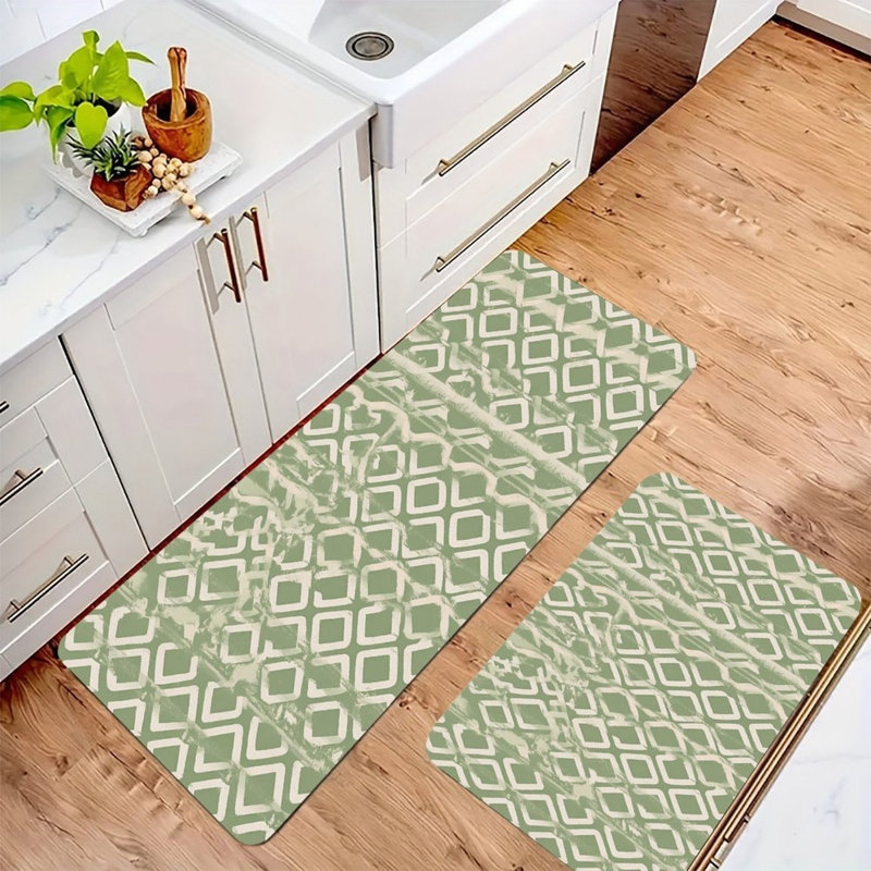 Ensemble de 2 tapis de cuisine à motif de losanges verts