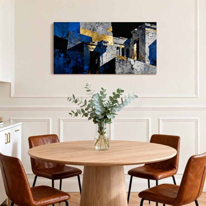Paysages et paysages abstraits, architecture, bleu, or, noir, blanc, H 20 po x l 40 po