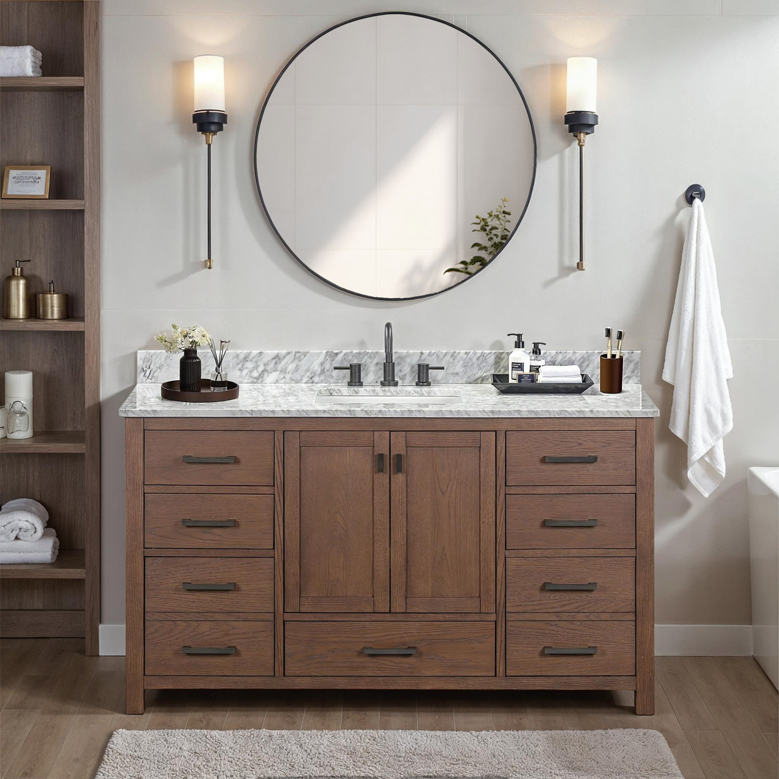 Reba Single Bathroom Vanity Base, Mocha Oak