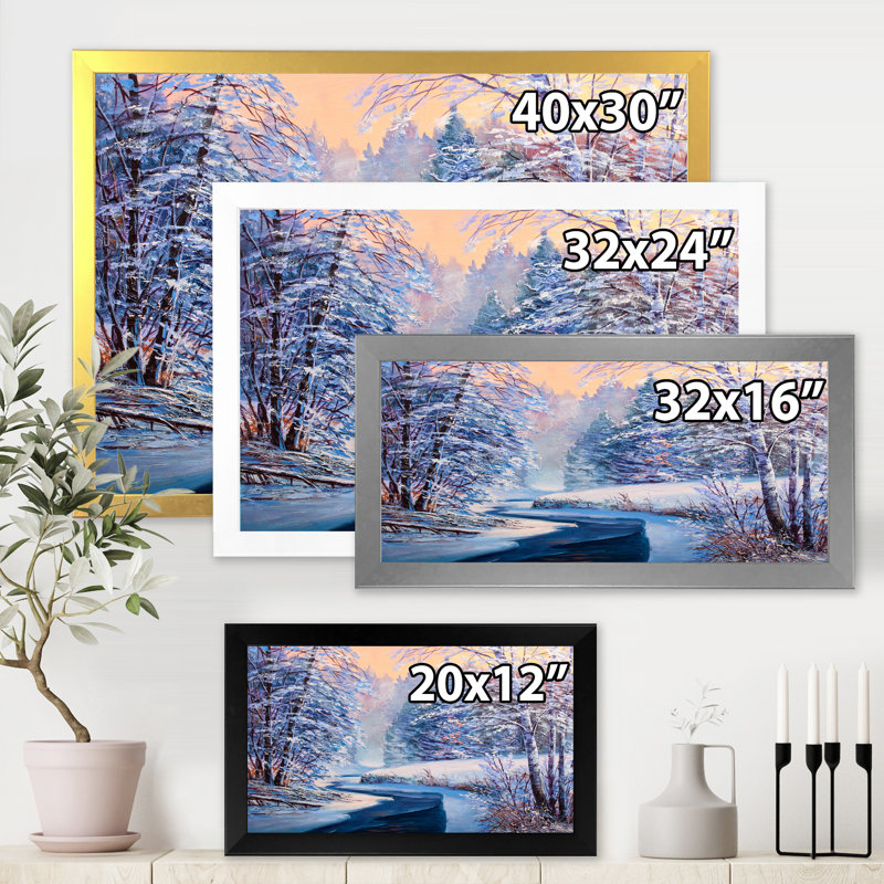 Forêt de Noël pastel avec rivière - peinture sur toile, Cadre noir, H 30 po x l 40 po x 1,5 po