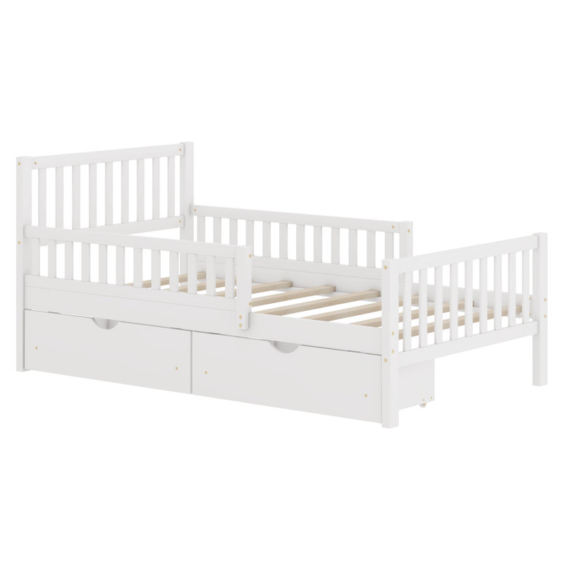 Lit plateforme en bois avec garde-corps des deux côtés et deux tiroirs, Simple, Blanc