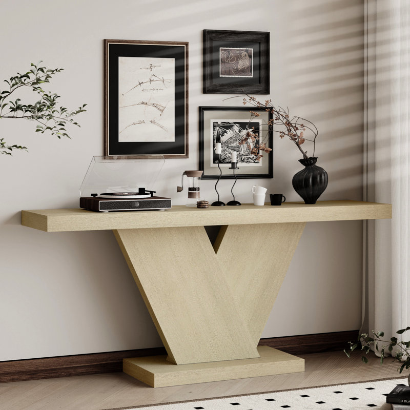 Table d'entrée de 66 po de style moderne Mid-Century, placage en bois massif, délavé en chêne étroit, structure triangulaire, stabilité supérieure, conception artistique, installation rapide et facile, assemblage élevé,