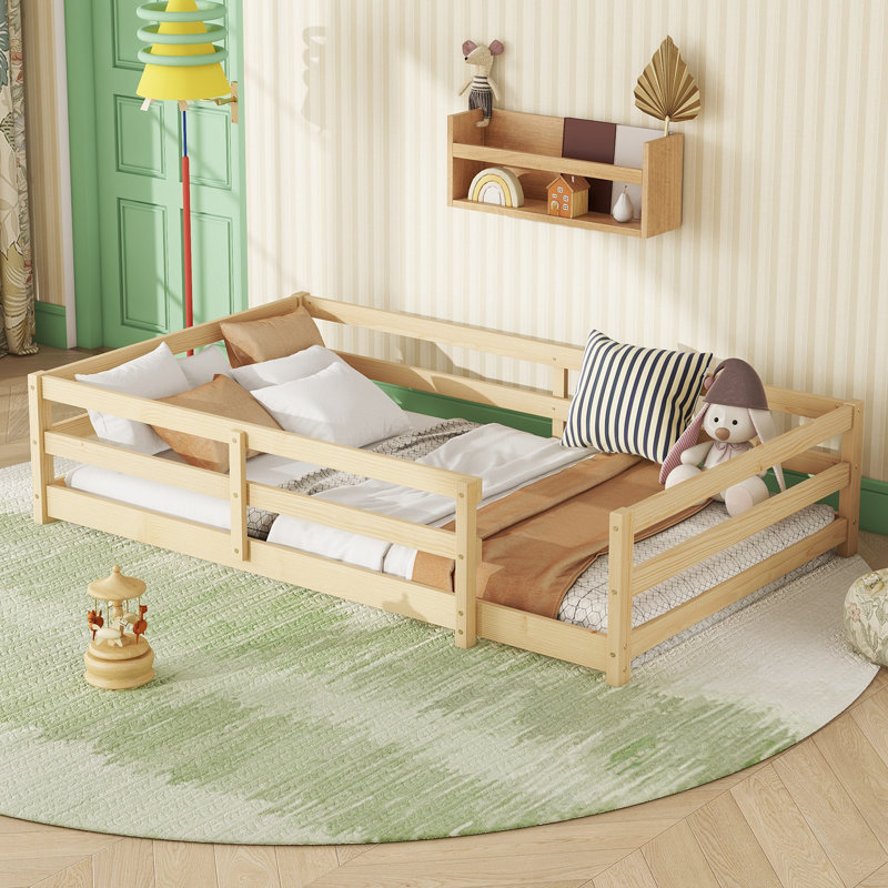 Twin Size Floor Bed With Fence, Natural, Twin