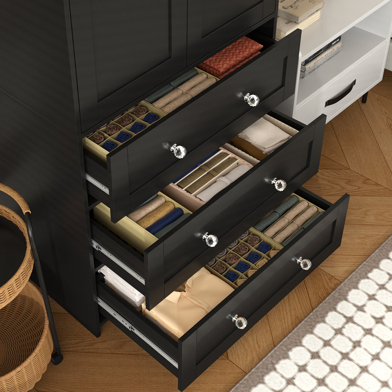 2-Door Sandrea With Mirror, Wardrobe Closet With 3 Drawers, Noir