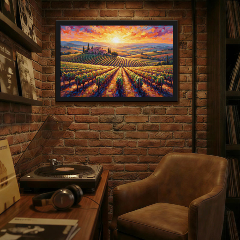 Paysage et nature Coucher de soleil sur un vignoble avec des collines, H 12 po x l 18 po