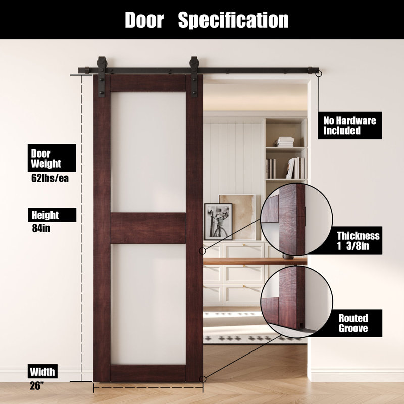 Porte de grange coulissante en bois massif non assemblé 26 po x 84 po de couleur rouge acajou 26 po x 84 po, 26 po x 84 po
