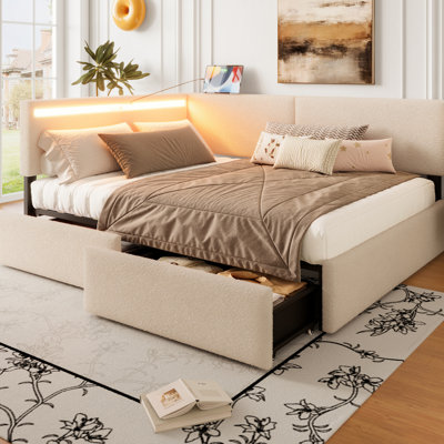 Twin Size Upholstered Bed Frame With Headboard, 2 Storage Drawers, Led , Charging, Solid Wood Structure, No Box Spring, Beige, Comfortable Seating, Mid - Century Inspired Tufting, 1200Lbs Capacity