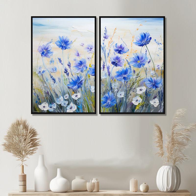 Décoration murale traditionnelle bleuet champ de fleurs de sérénité - bleu, 36" H x 48" W, Impression encadrée flottante