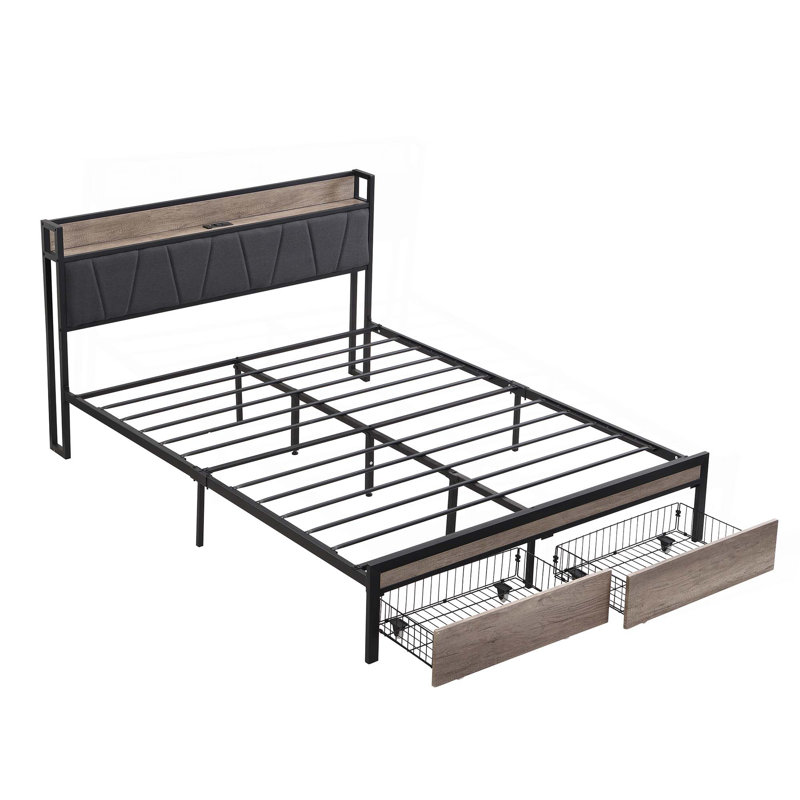 Structure de lit plateforme en métal avec tête de lit avec fonction de rangement rembourrée et doublure USB et pied de lit avec tiroirs, aucun sommier nécessaire