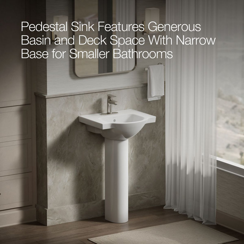 Veer™ Ceramic Pedestal Bathroom Sink with Overflow, White, 4" Centers, 35.5" H x 21" L x 18.25" W