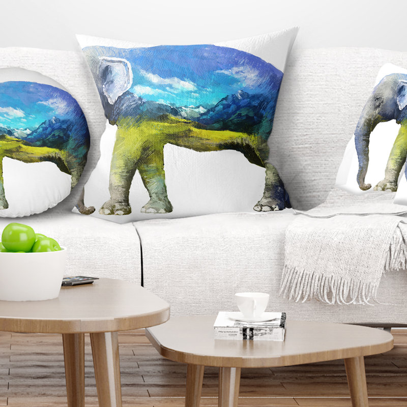 Coussin d’illustration à double exposition animal éléphant, 16 po x 1 po, Polyester/ bourre en polyester