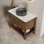 Meuble-lavabo de salle de bain 36 po Indigo, armoire de rangement autoportante en contreplaqué avec 2 portes diagonales rayées et tablette ouverte, lavabo en verre de transport noir et plateau en pierre frittée blanc de Carrare, grain de bois noyer foncé-130369467-130369474