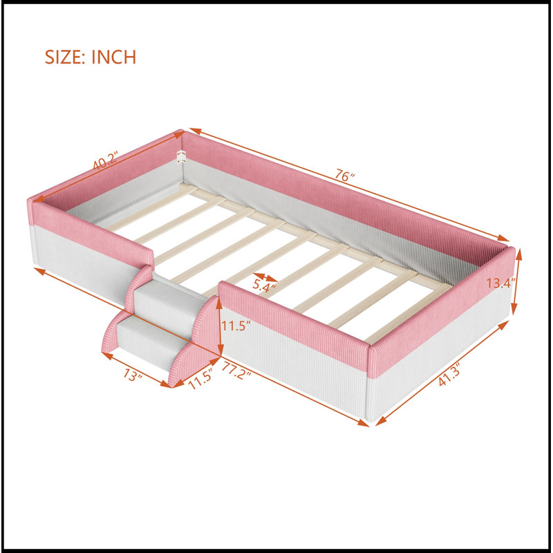 Lit simple tapissier avec clôture, marches à 2 niveaux et DEL intelligente, Pink+White