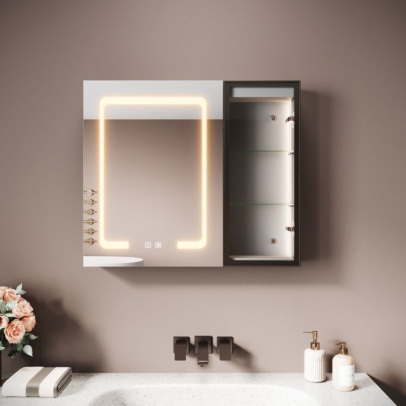 70mm W 60mm H Wall Mounted Optional Framed Medicine Cabinet Mirror 3 Fixed, Grey