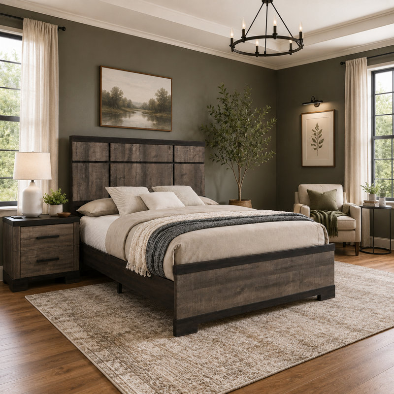 Ensemble de chambre à coucher grand lit, gris, bois noir ébène, ensemble de 2 pièces avec table de chevet, Grand lit