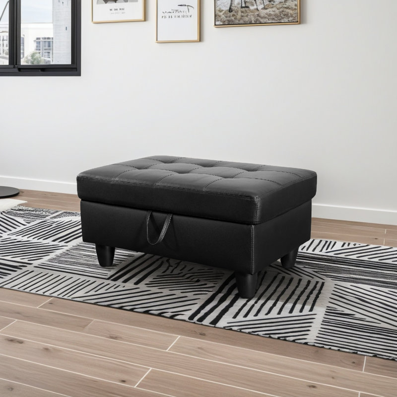 Faux Leather Ottoman, Black, Black Faux Leather