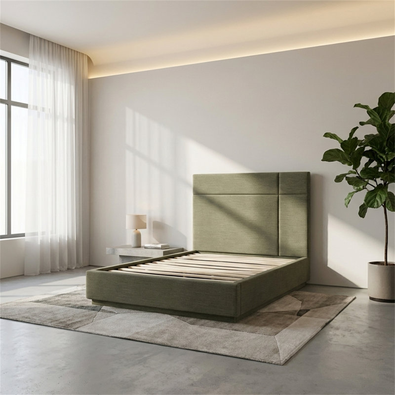Full-Size Bed Frame, Upholstered Platform Bed, High Headboard With Wooden Frame, Modern Minimalist Style, Full