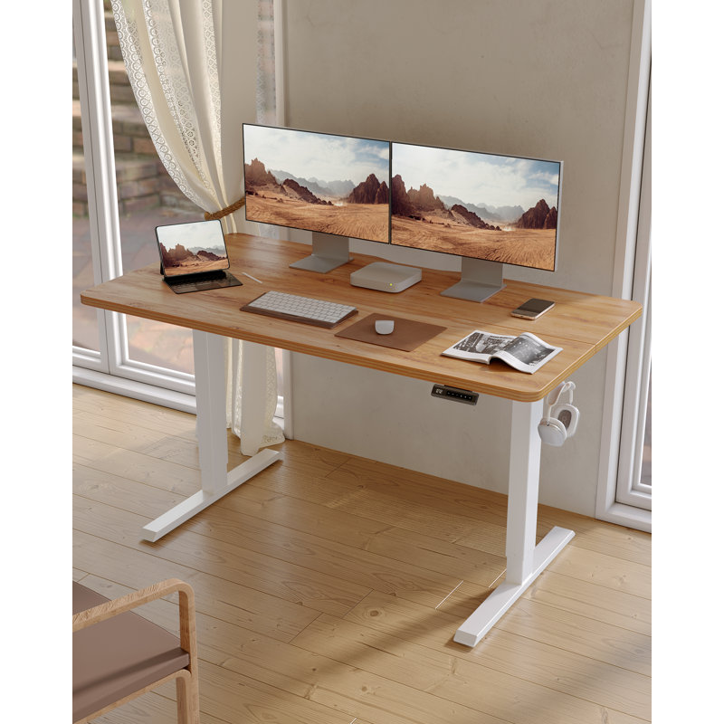 Bureau électrique debout, bureau assis-debout à hauteur ajustable, L 40 po x P 24 po, Beige / Blanc
