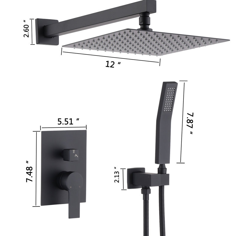 Douche de salle de bain en acier inoxydable noir mat - pomme de pluie 12 po et système équilibré portatif 12 po