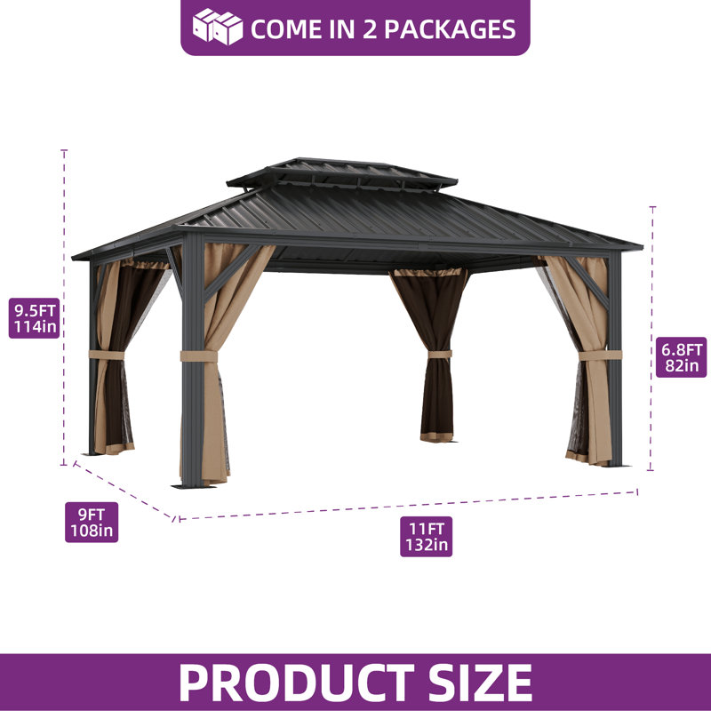 Pavillon de jardin en aluminium à toit double avec toit rigide, Brun, 11 ft x 9 ft