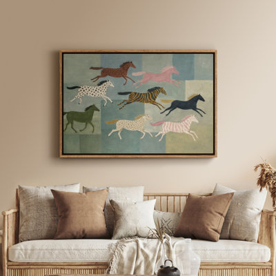 Framed Canvas Wall Art - Horses in Motion with Colorful Background - 16"x24", 24"x36"
