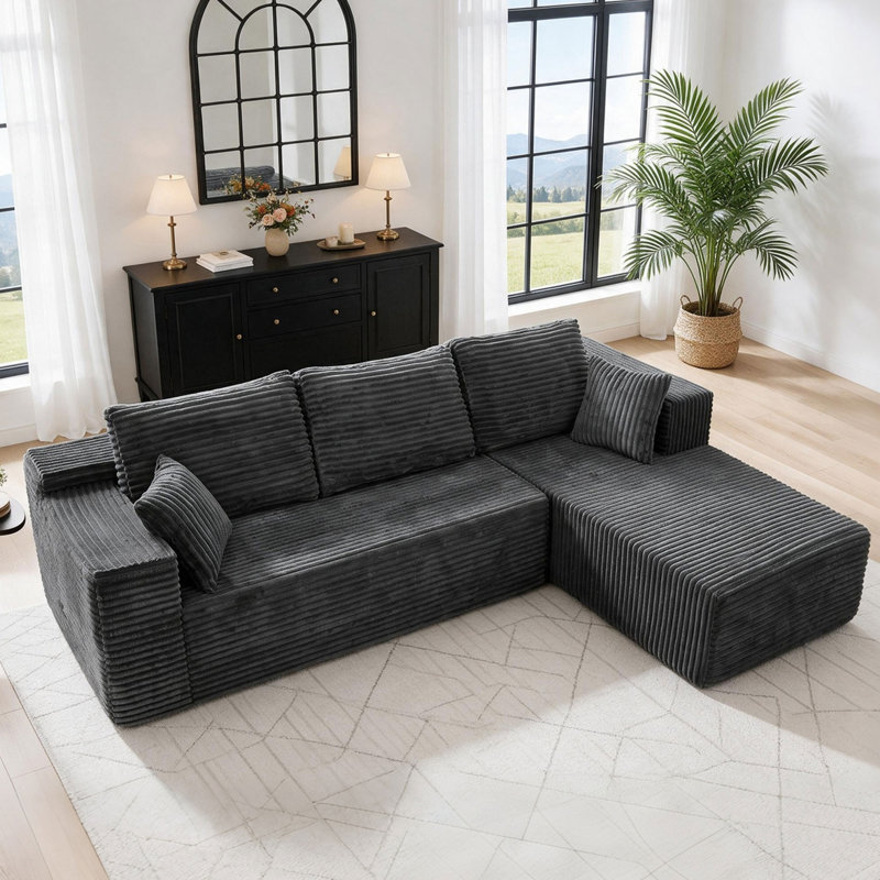 Canapé modulaire de 106 po pour salon modulaire en forme de L, sans dossier, rembourré en forme de L avec méridienne (gris, méridienne 3 places)
