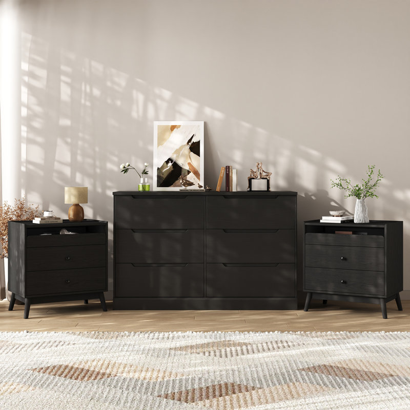 Ensemble de chambre à coucher 3 pièces Meserve - Ensemble de commode double 6 tiroirs l 47,2 po et 2 tables de chevet 3 tiroirs