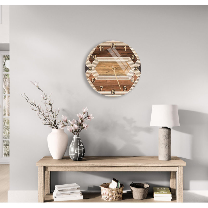 Horloge murale à motif géométrique en bois - impression d'illusion 3D brun rustique - décor de ferme moderne pour le salon, cadeau d'art de bureau abstrait