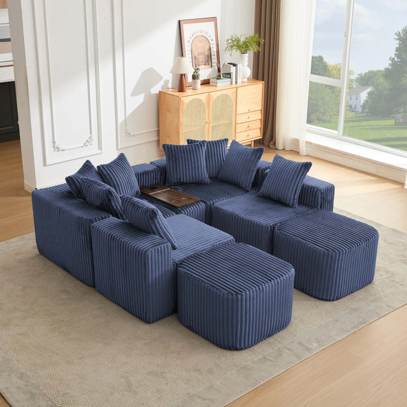 Canapé modulaire en U avec charge sans fil et table basse, Blue Corduroy