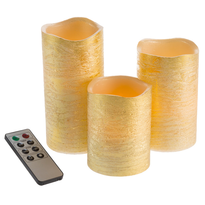 Ensemble de 3 bougies sans flamme non parfumées - Bougies piliers avec minuterie et finition métallique vieillie, Or