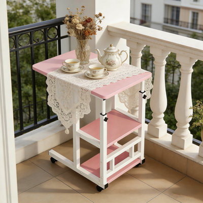 Adjustable Height C-Side End Table with Storage Shelves, Pink Mobile Rolling Side Table for Living Room & Bedroom