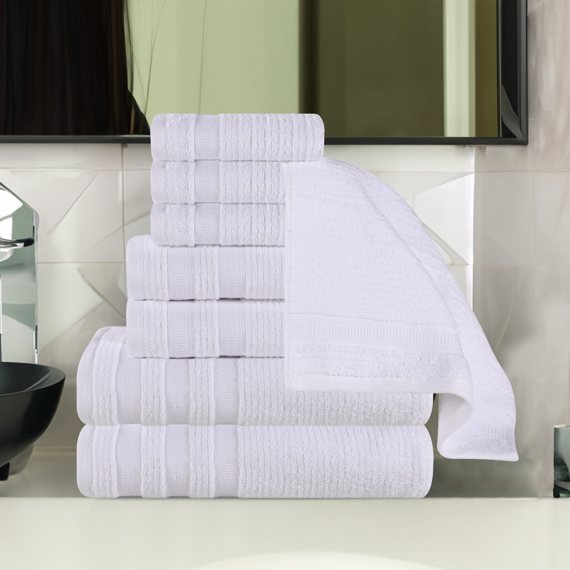 Orley Zero Twist Cotton Ribbed Modern Geometric Border Soft Highly-Absorbent Assorted Bathroom Towel Set, 8 Piece Towel Set