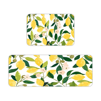 Watercolor Lemon Branch Floral White Base 2 Piece Kitchen Mats, Fresh Farm Sink Area