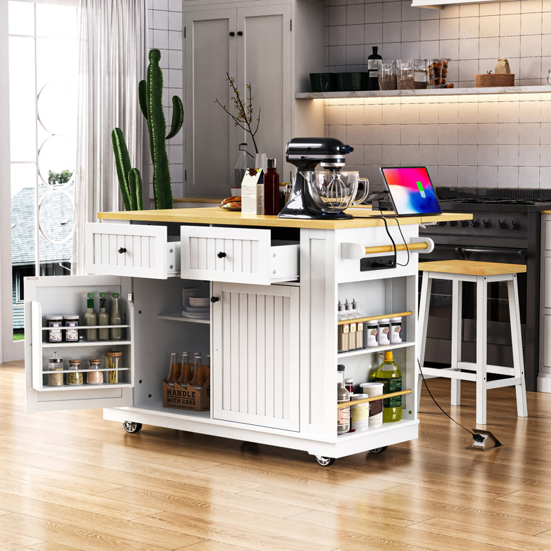 48inch White Large Kitchen Island with 2 Bar Stools, Power Outlet & Storage - Rolling Cart with Drop Leaf, 5 Side Racks & 2 Drawers (3 Packages)