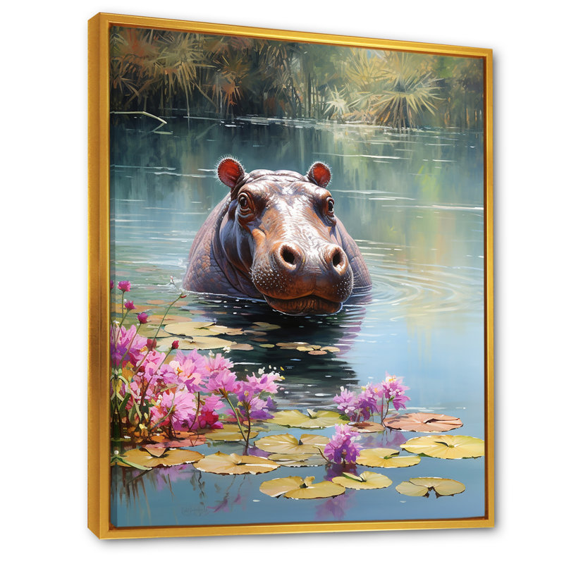 Art mural africain, Hippopotames d'Afrique - Hippopotame, Cadre flottant doré, 32" H x 24" W
