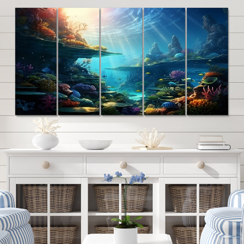 Corail marin II - reproduction d'art sur toile côtière - 5 panneaux égaux