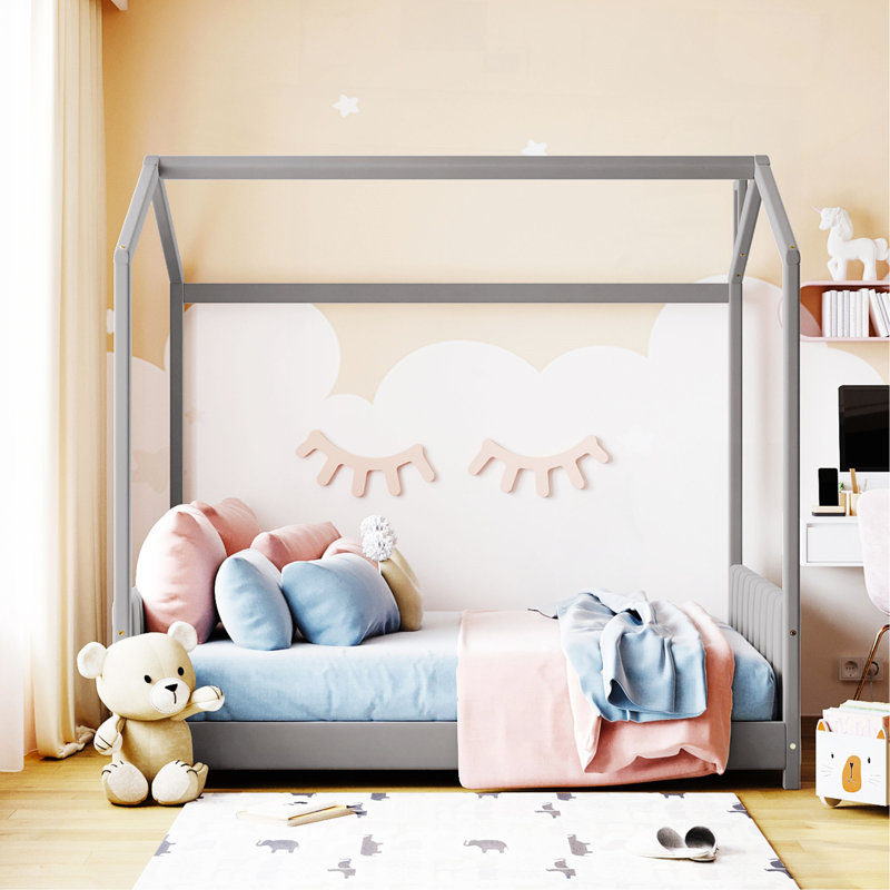 Lit double en bois de velours, gris