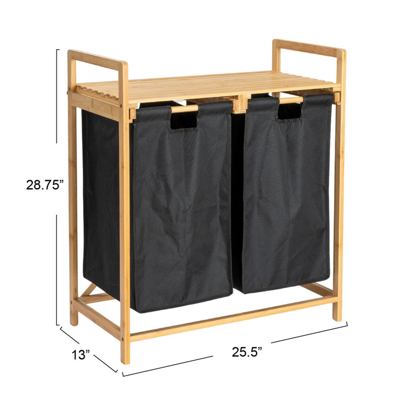 Natural Bamboo and Black Fabric Double Tilt-Out Hamper with Shelf