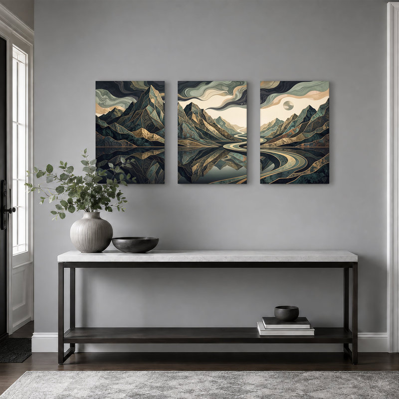 «Teal and Gold Mountain Landscape with Moon Reflection», ensemble de 3 toiles, H 24 po x l 16 po x 3 pièces