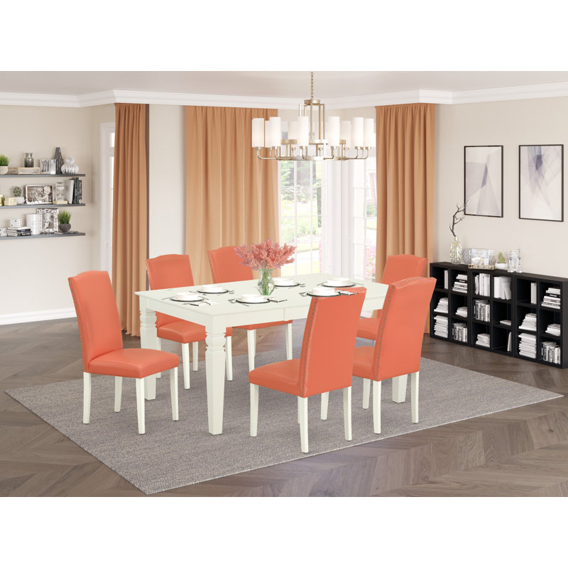 7 Piece Kitchen Table Set Consist of a Rectangle Dining Table with Butterfly Leaf and 6 Pink Flamingo Faux Leather Parson Chairs, Linen White