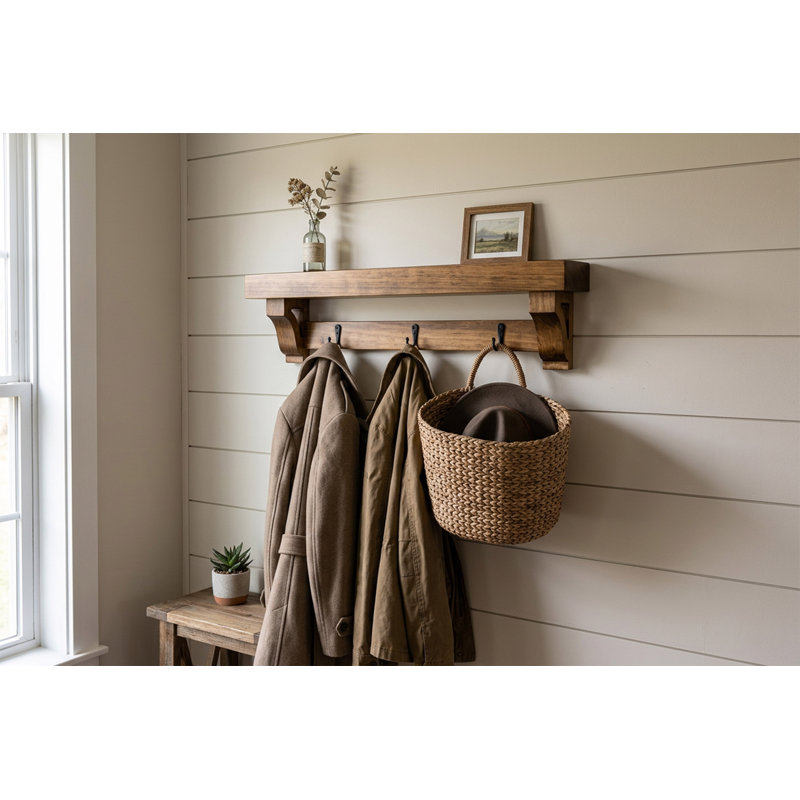 Rayne Small Wall Mounted Coat Rack with Shelf 4 Hook, Honey, 30/4/7