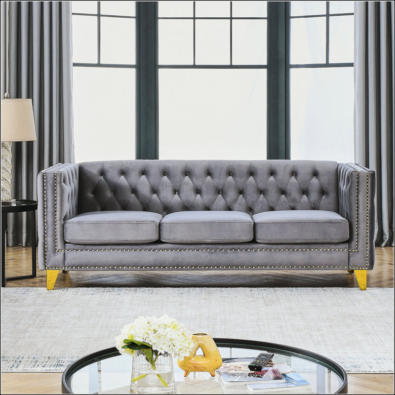 Canapé en velours, Gris, H 29 po x l 80,5 po x P 30,5 po, 3