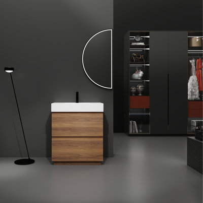 Meuble-lavabo de 30 po avec lavabo simple. Armoire encastrée moderne à double tiroir. Bois d'ingénierie autoportant, brun. Armoire d'appoint scintillante, tiroir. Accessoire gracieux