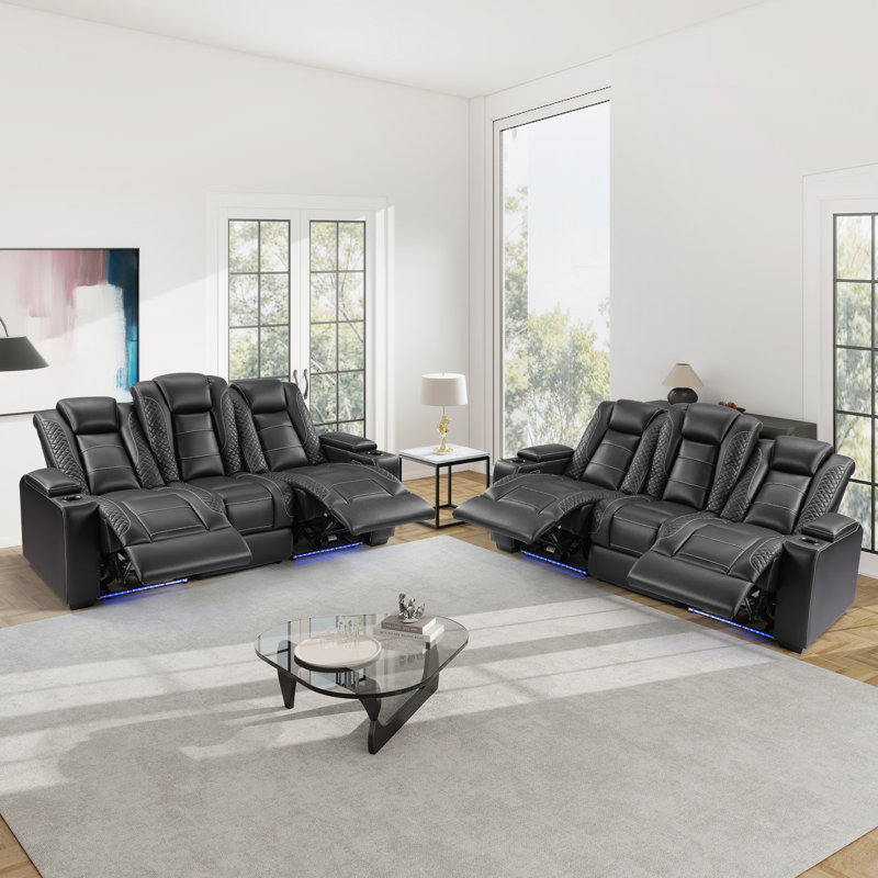 Modern Faux Leather Power Reclining Sofa Set With Led Lighting, Cup Holders And Storage Console
