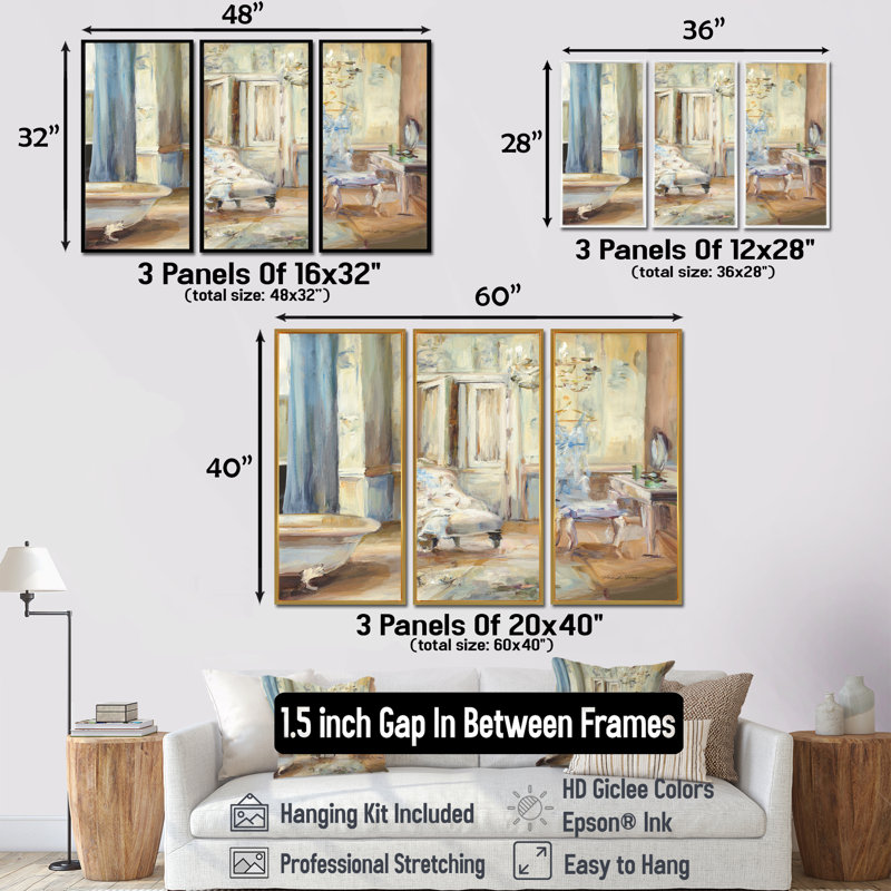 «French Boudoir Bath I», ensemble d'art mural sur toile encadré traditionnel, H 32 po x l 48 po, Silver
