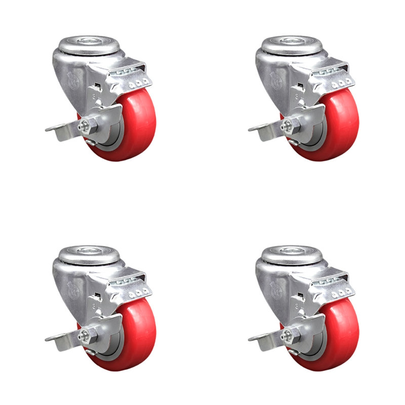 Ensemble de roulettes en polyuréthane 4 trous avec frein, Rouge