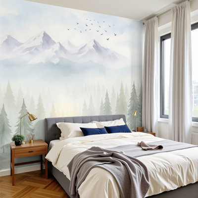 Papier peint à peler et coller Misty Pine Forest Landscape Distant Mountains
